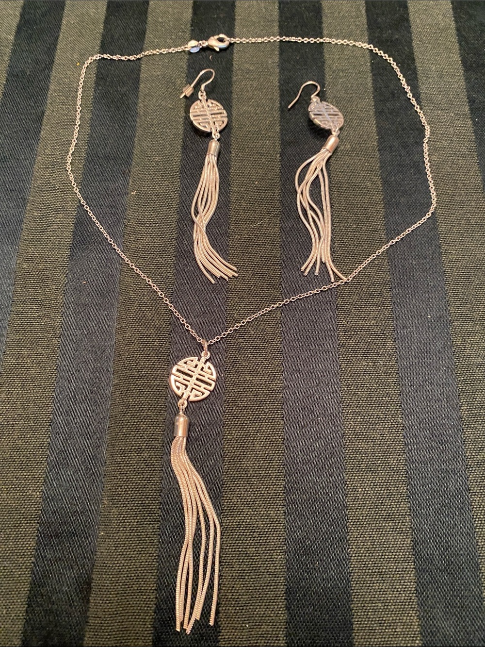 Delicate Silver Tassel Pendant Necklace and Earring Set